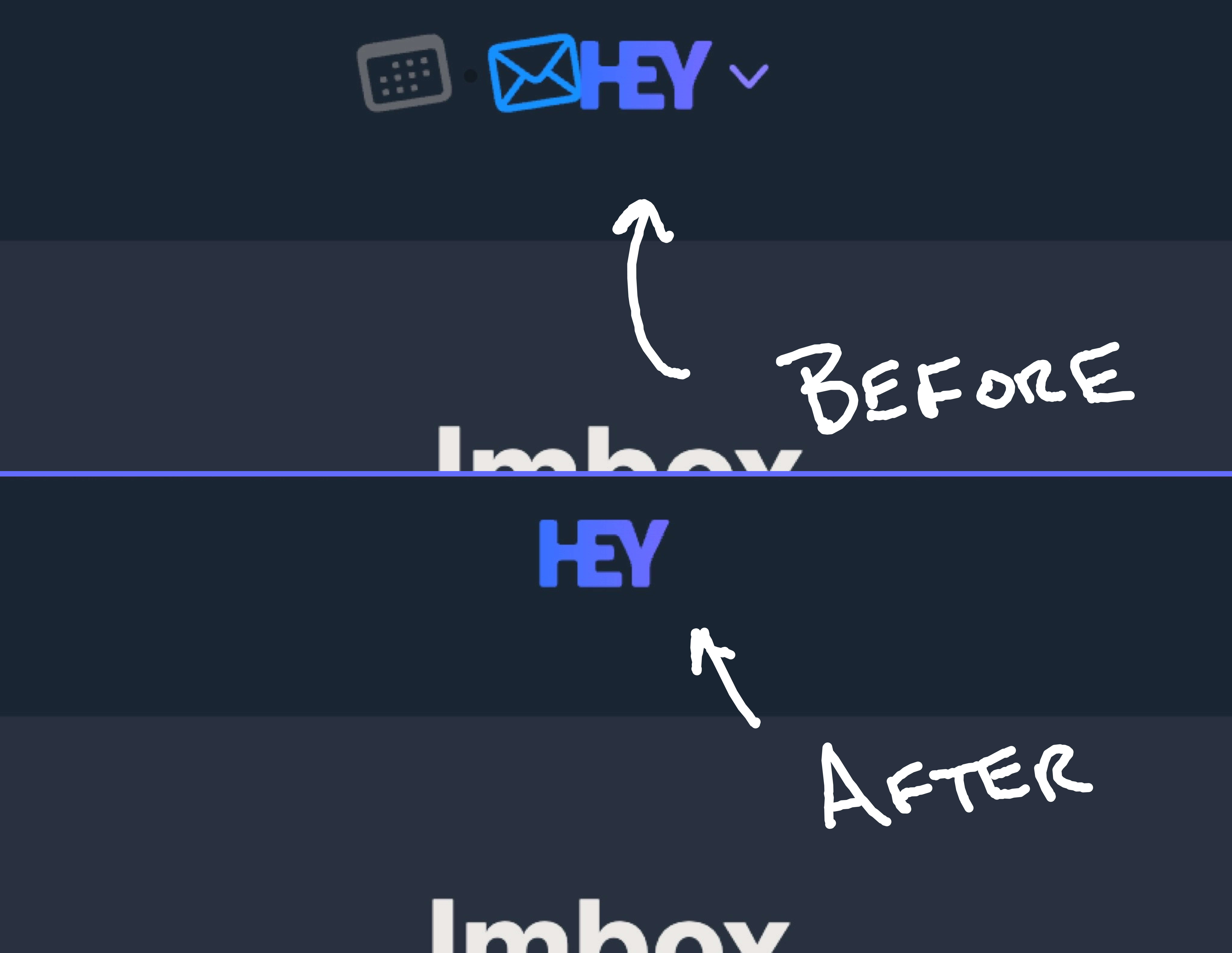 Screenshot comparing the HEY header before custom CSS and after. Before, there are two icons to the right of the HEY logo: a calendar and a mail letter. There's coloring suggesting the two can be switched between. After, only the simple HEY logo is visible